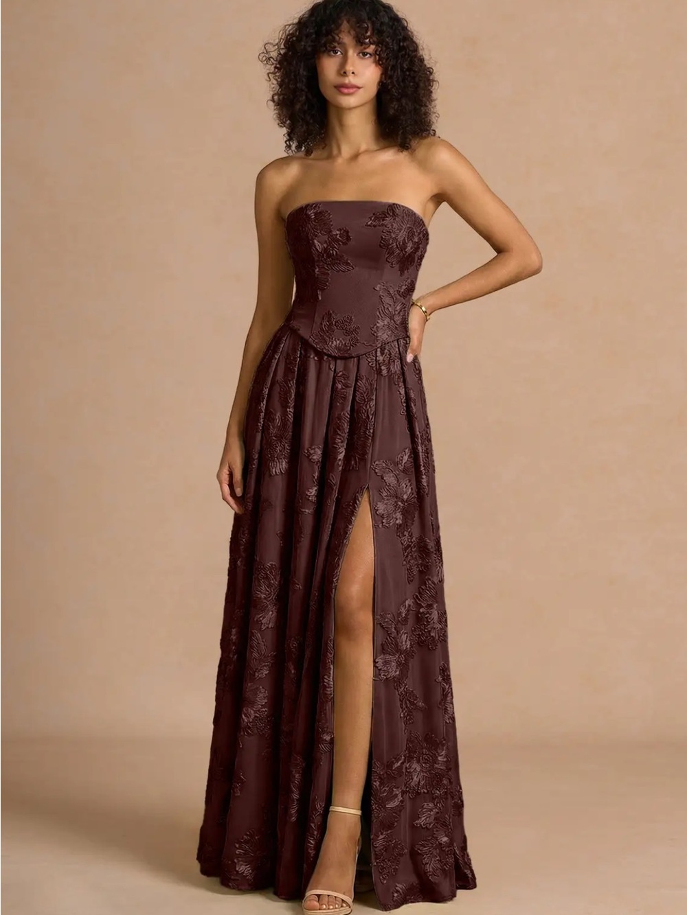 Strapless Embroidered Evening Gown in Deep Brown